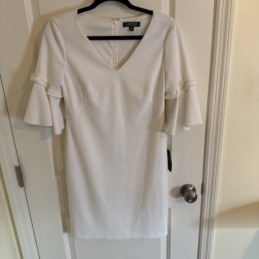 Lauren Ralph Lauren White Solid V-Neck Sheath Ruffle Bell Sleeve Dress 8 NWT